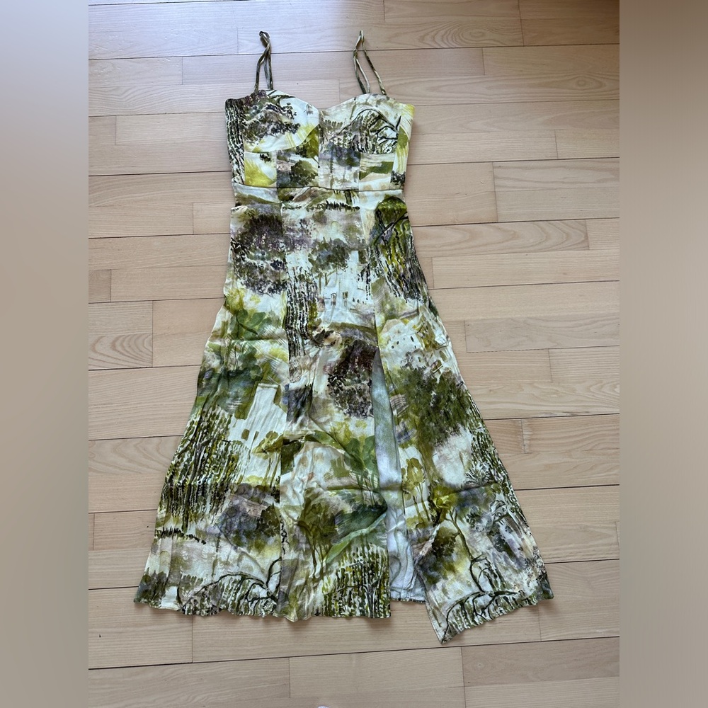 Zara Abstract Print Midi Dress in Green and Cream
